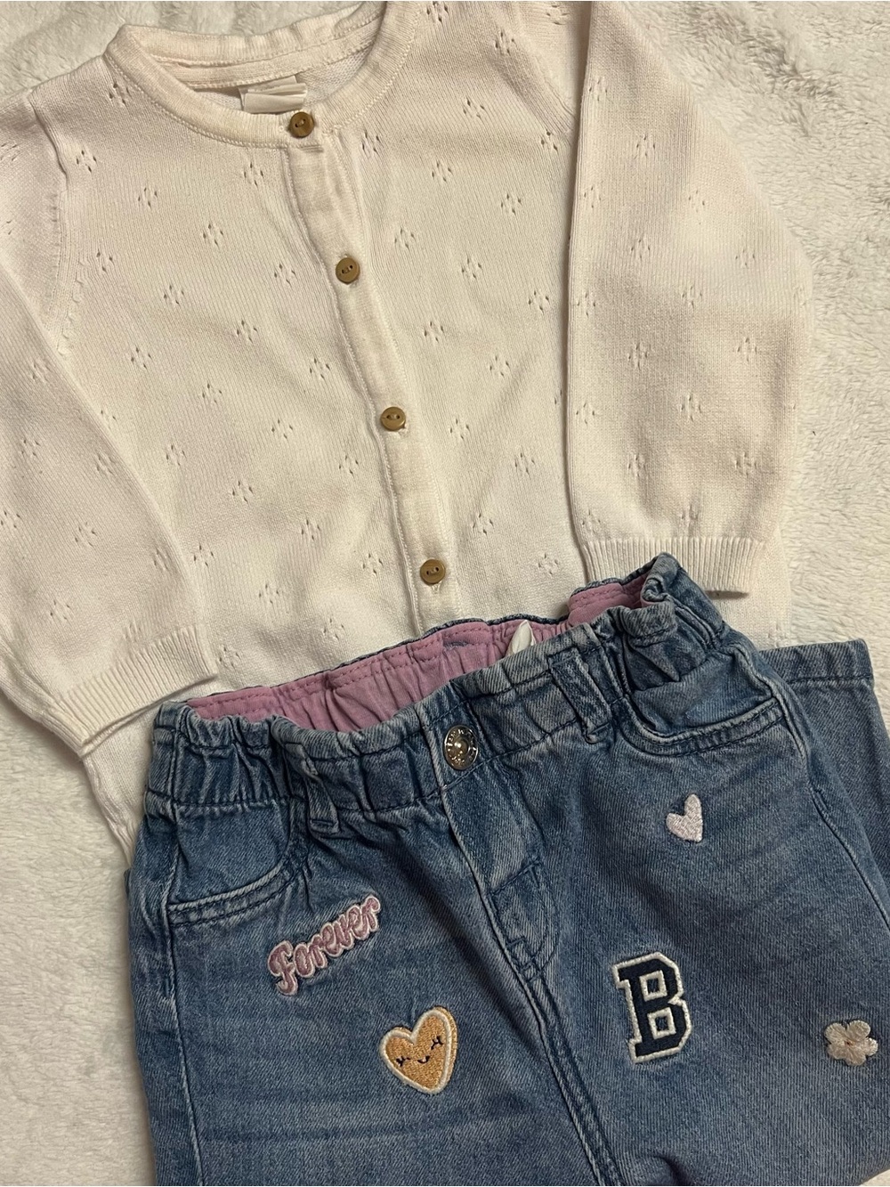 H&M Cream Knit Cardigan with Blue Denim Patch Jeans
